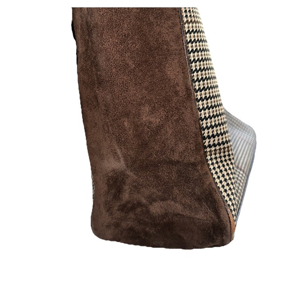 Vintage Lauren Ralph Lauren Brown Suede Leather Tote Bag  Houndstooth Plaid Y2K - Picture 5 of 16